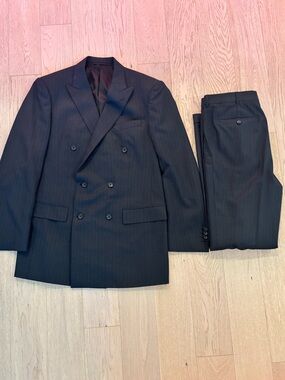 Men's Custom Tailored Double-Breasted Pinstripe Suit Jacket & Trousers - Black